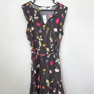 BNWT - Loft Dark Grey and Floral Print Tie Waist Dress - Size Large